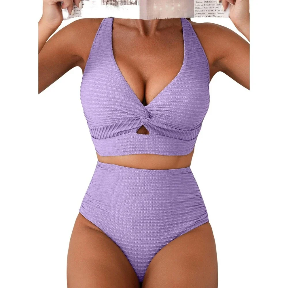 Herseas Women's Purple Bikini Sets Twist Front Top Swimsuits High Waisted L